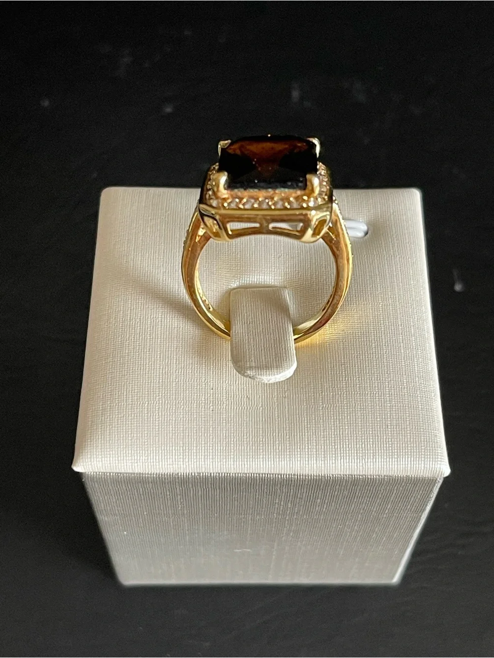 New Gold-Tone simulated Smoky Topaz Square Halo Ring .